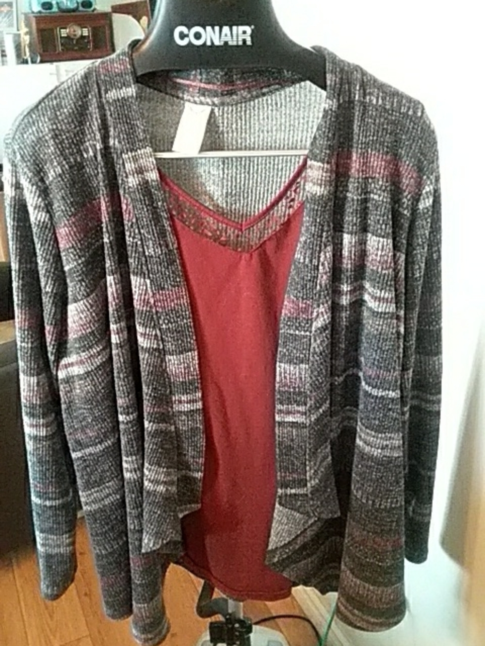 Faded Glory Gray Striped Open-Front Cardigan with Red Tank 3X- Fooler Top